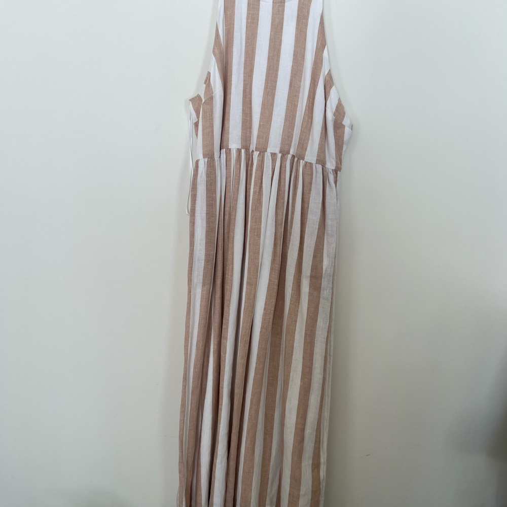 NWT Crown & Ivy Linen Blend Midi Dress Cream And Beige Stripe Sz 10 Bobo/beach